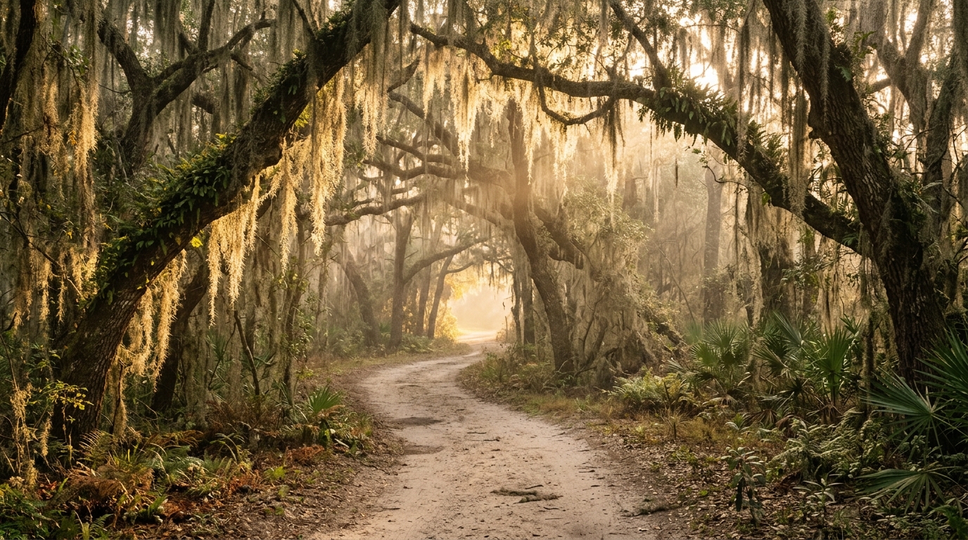A golden path through Florida oaks opening into warm light — there is a way forward