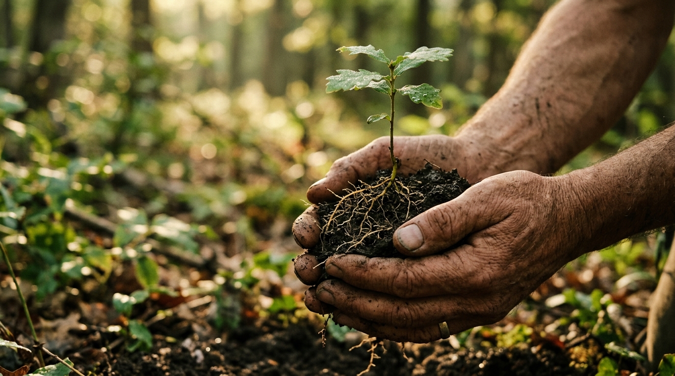 Caring hands holding a young sapling with fresh roots — a new beginning, carefully tended