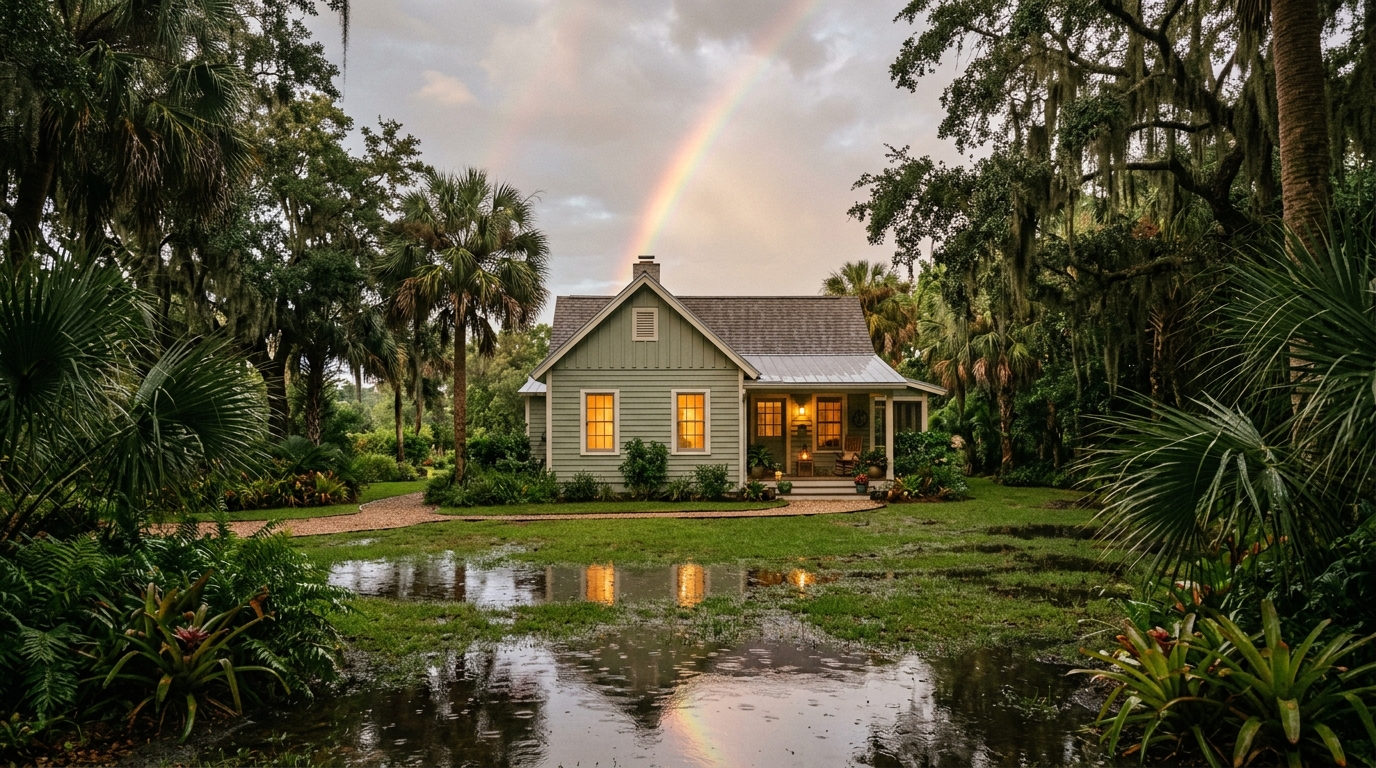 A sage-green Florida cottage glowing warm beneath a rainbow after the rain